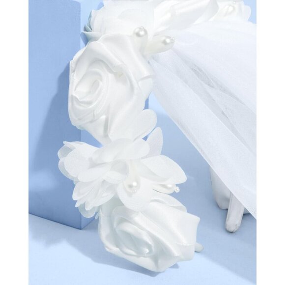 ?Women White Rosette Tulle Pearl Headband Veil Hairpiece Bridal Accessory